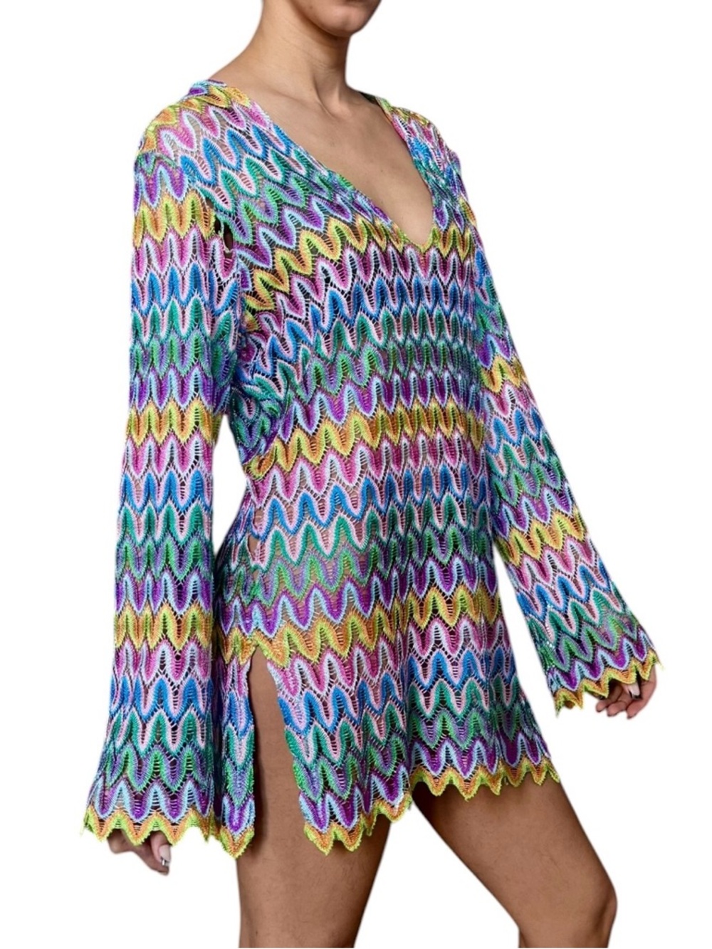 Luli Fama Multicolor Crochet V-Neck Swim Coverup